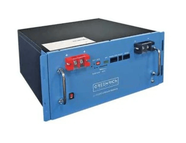 Greenrich Battery UP5000 Rack Mount 1.5C, 51.2V LiFePO4, 95% DOD, expandable system, 6000 cycles, 5-year warranty.